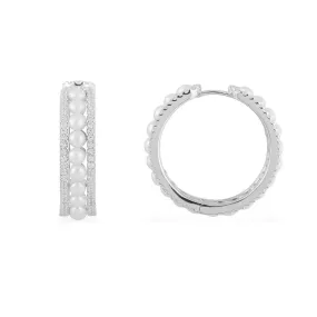 Double Paved Hoop Earrings with Pearls - White Silver