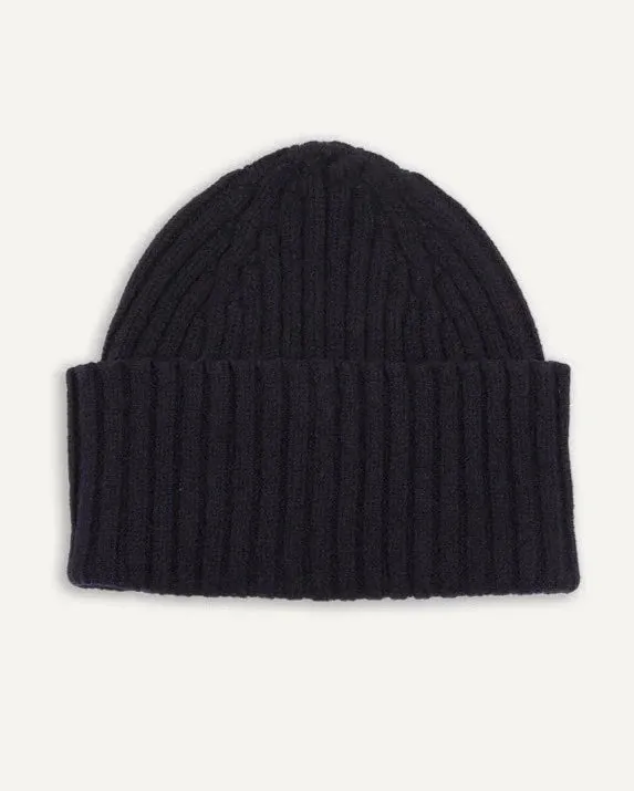 Drake's Lambswool Ribbed Knit Beanie / Navy