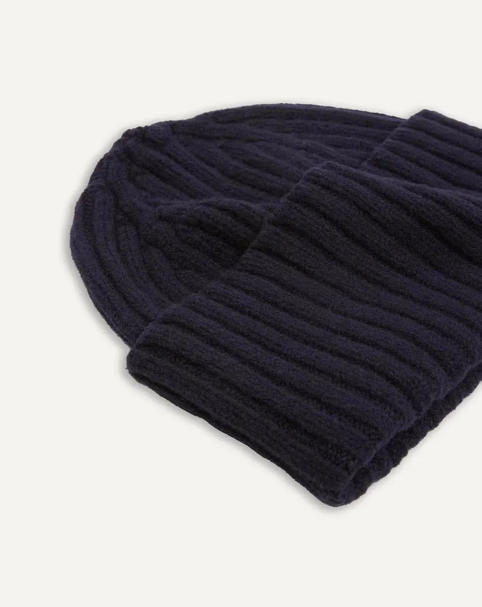 Drake's Lambswool Ribbed Knit Beanie / Navy