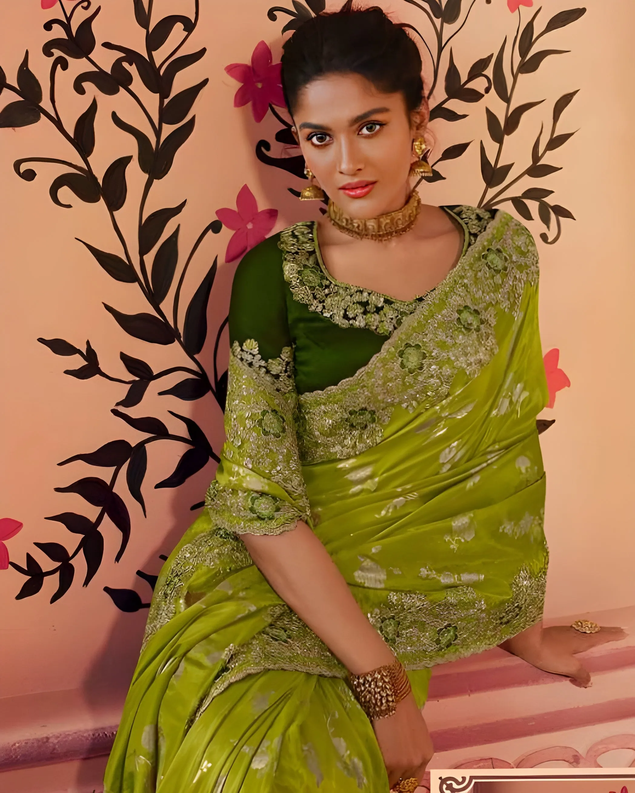 Embroidered Chinon Silk Wedding Saree Olive Green