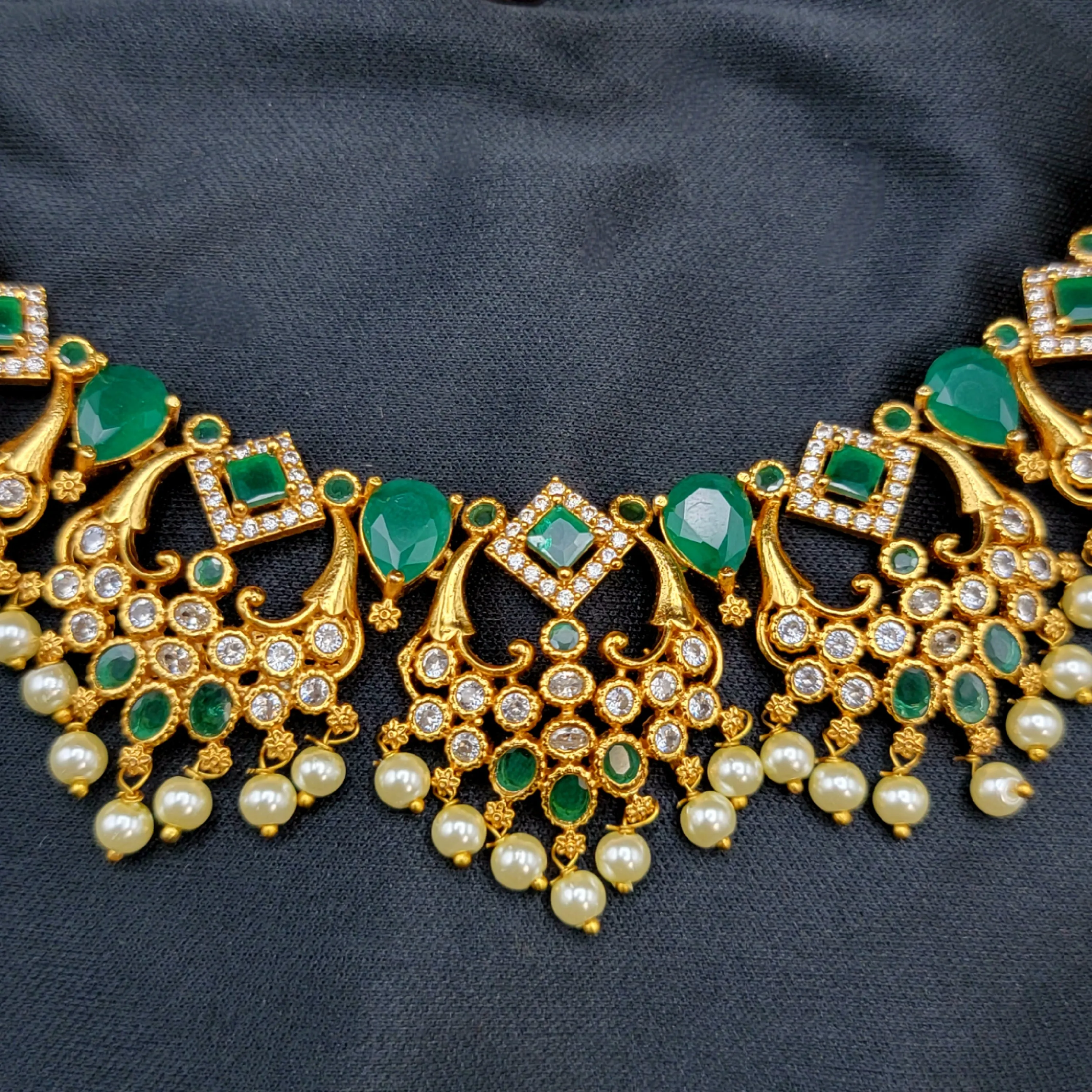 Emerald Green & White AD Zircon (CZ) Chaandbali Necklace