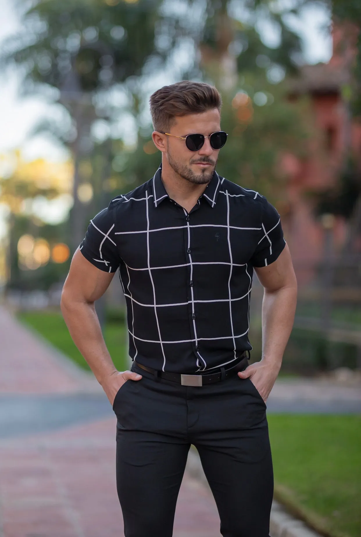 Father Sons Classic Relaxed Black / White Large Grid Check Short Sleeve - FS734