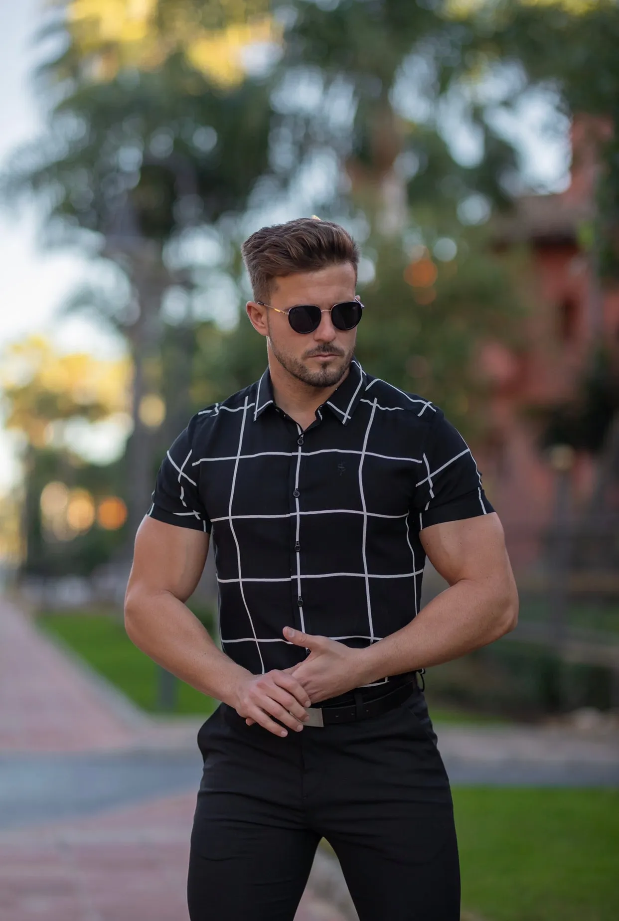 Father Sons Classic Relaxed Black / White Large Grid Check Short Sleeve - FS734