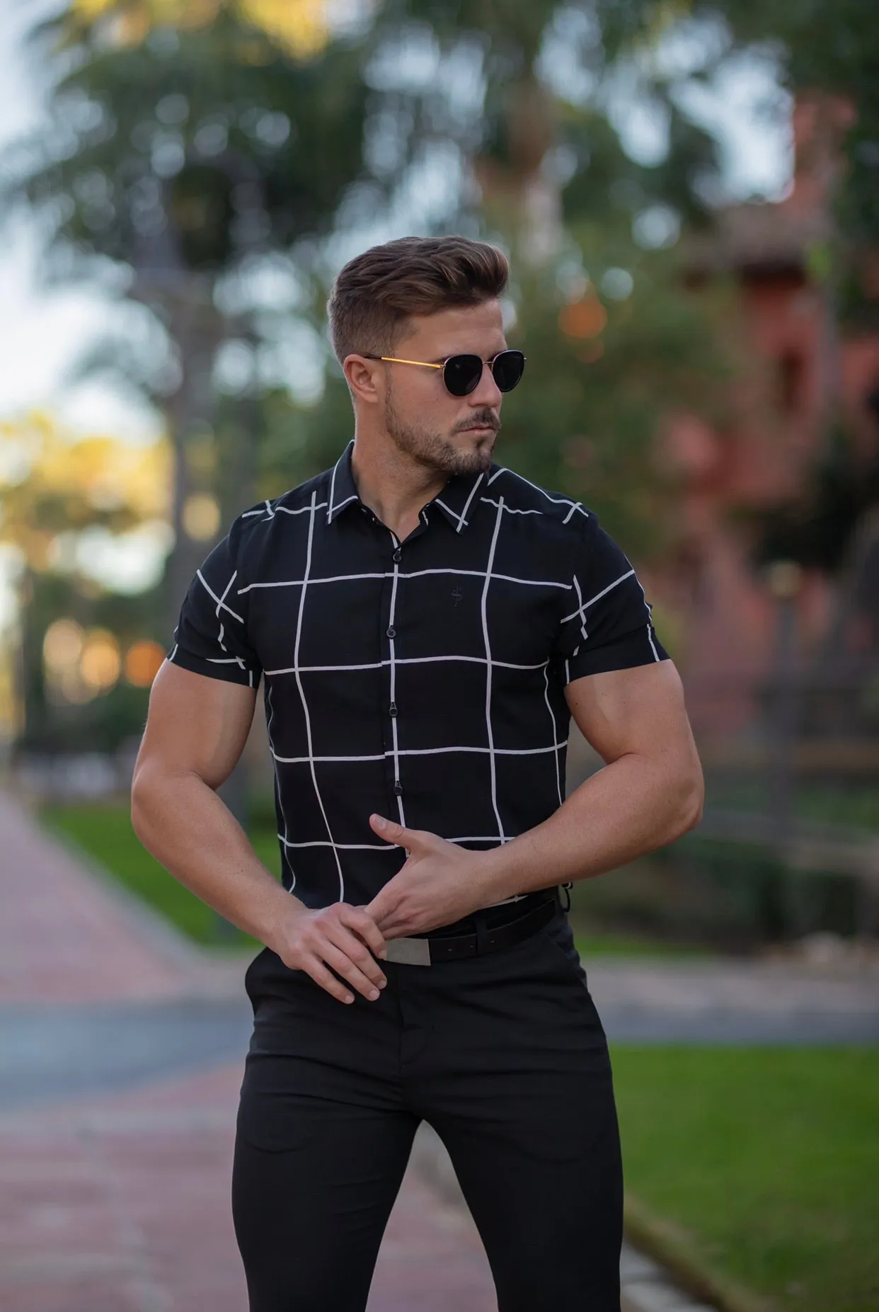 Father Sons Classic Relaxed Black / White Large Grid Check Short Sleeve - FS734