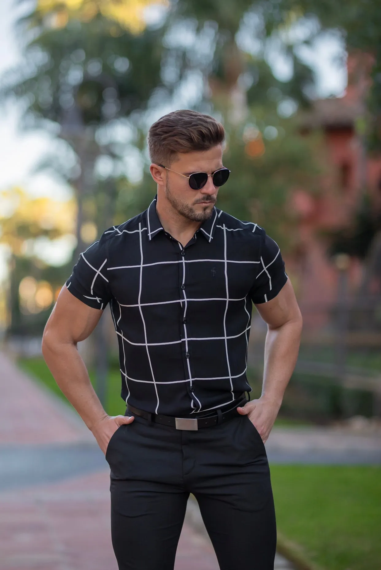 Father Sons Classic Relaxed Black / White Large Grid Check Short Sleeve - FS734