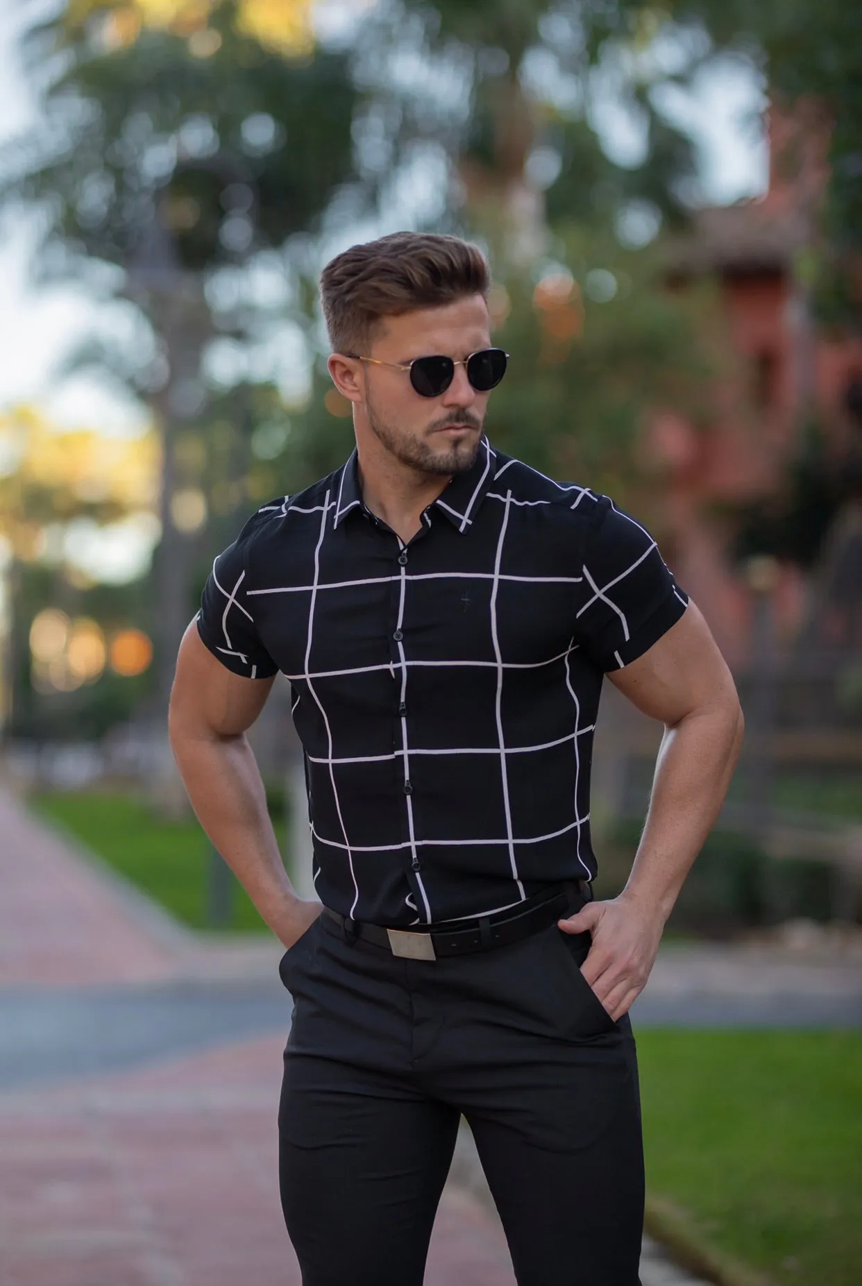 Father Sons Classic Relaxed Black / White Large Grid Check Short Sleeve - FS734