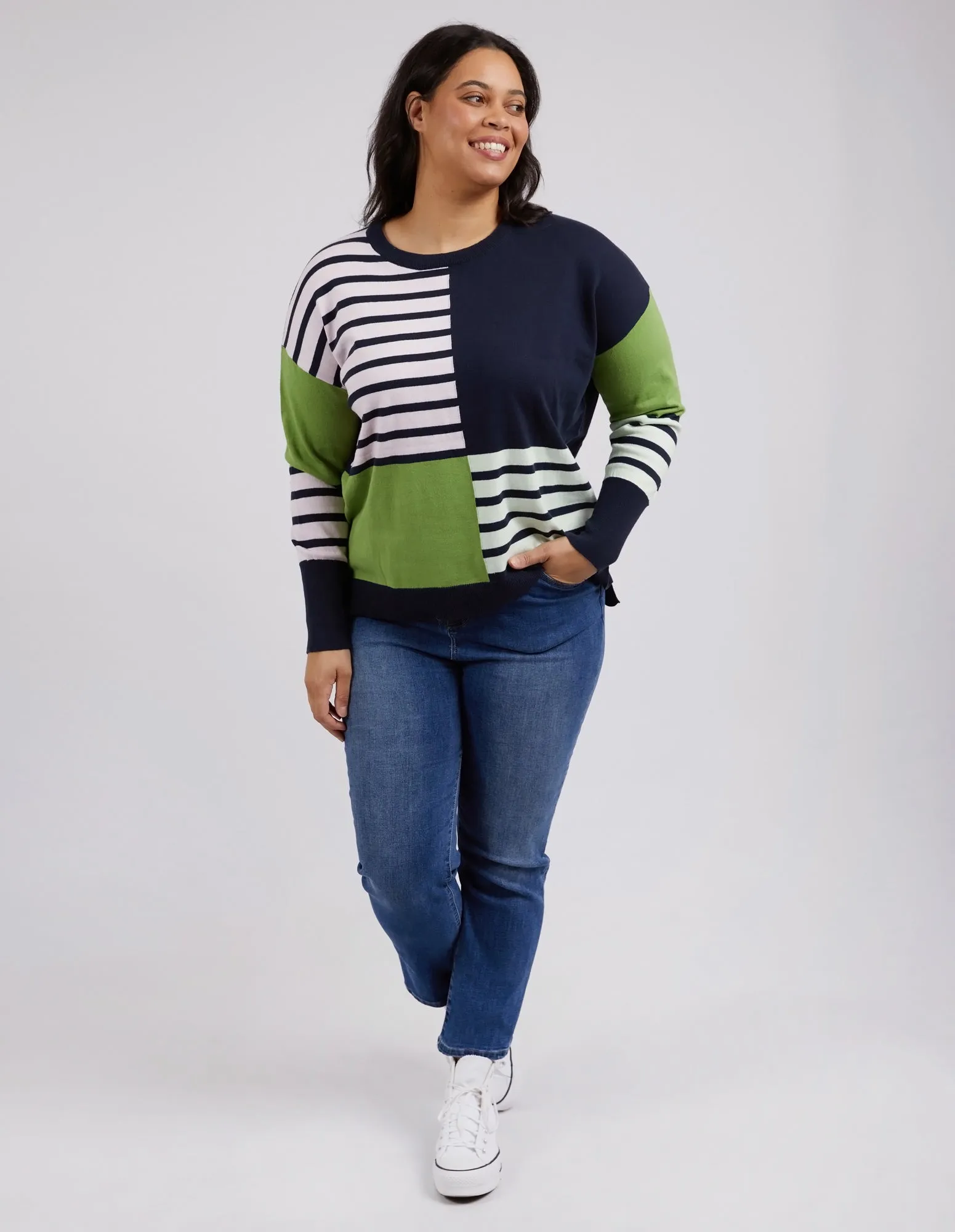 Fig Mixed Knit Navy & Green Stripe