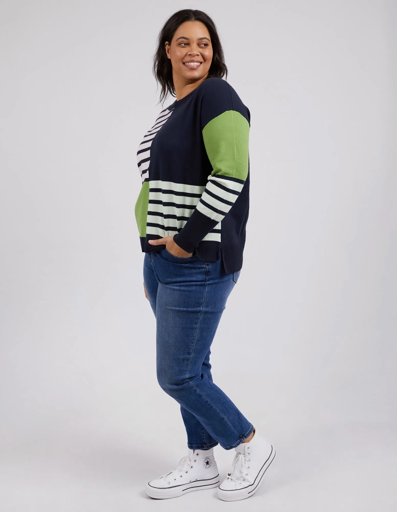 Fig Mixed Knit Navy & Green Stripe