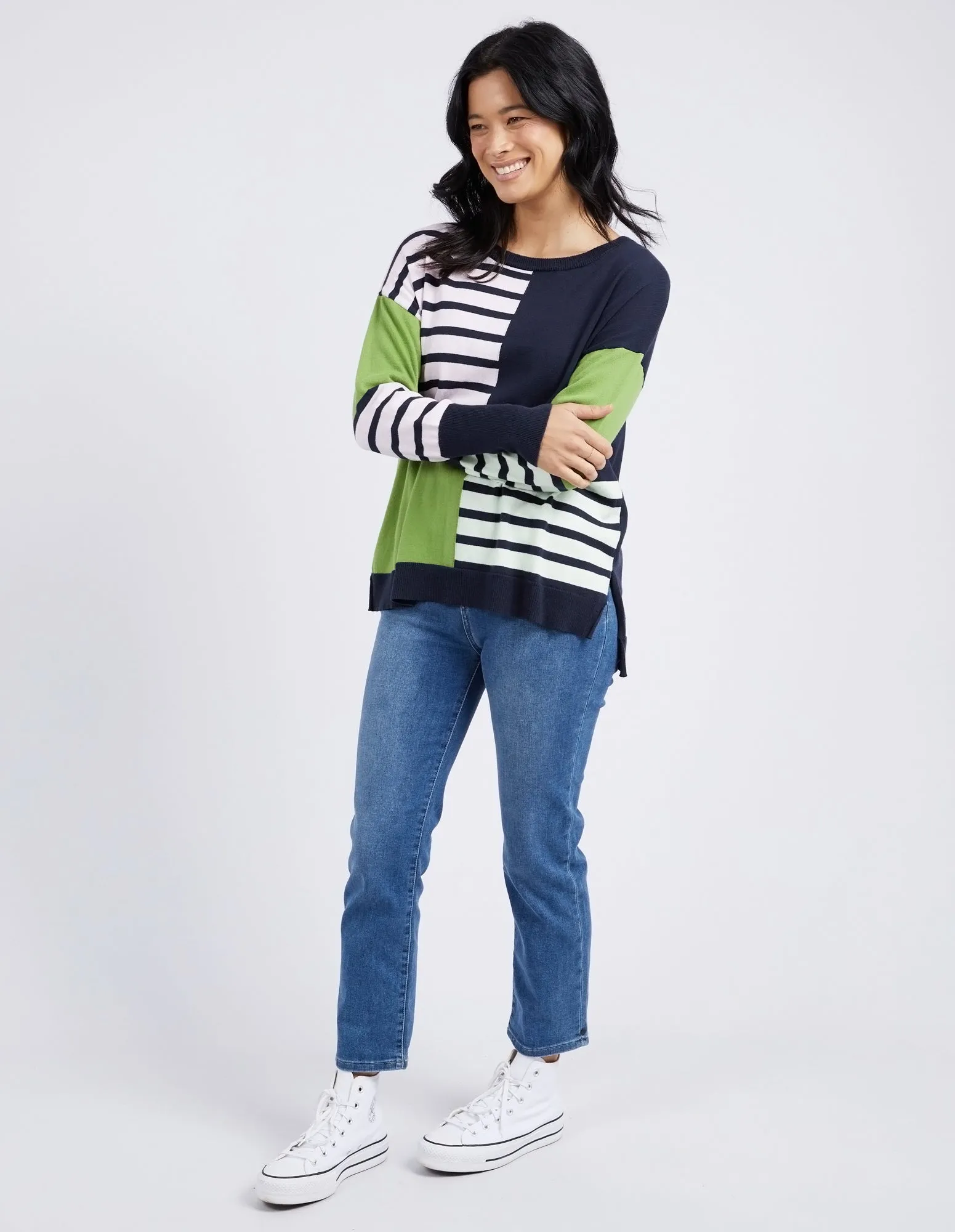 Fig Mixed Knit Navy & Green Stripe