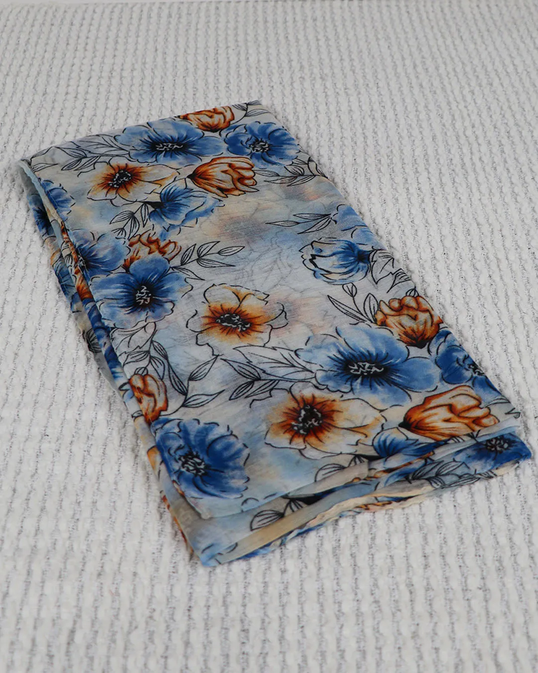 Floral Cotton Scarf- White/Blue