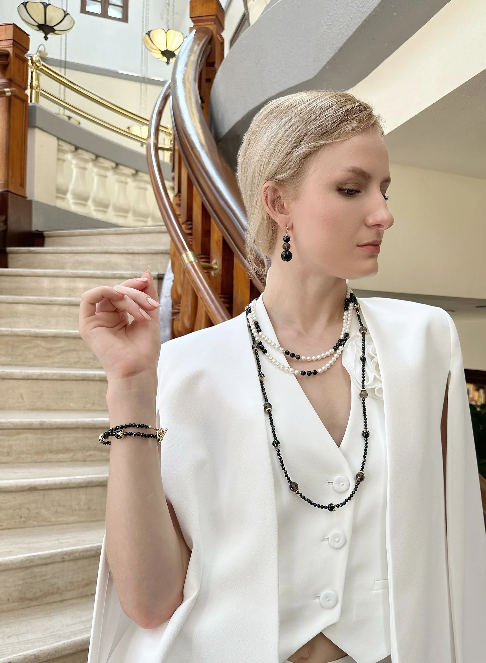 Freshwater Pearls with Black Obsidian Double Layers Necklace KN055