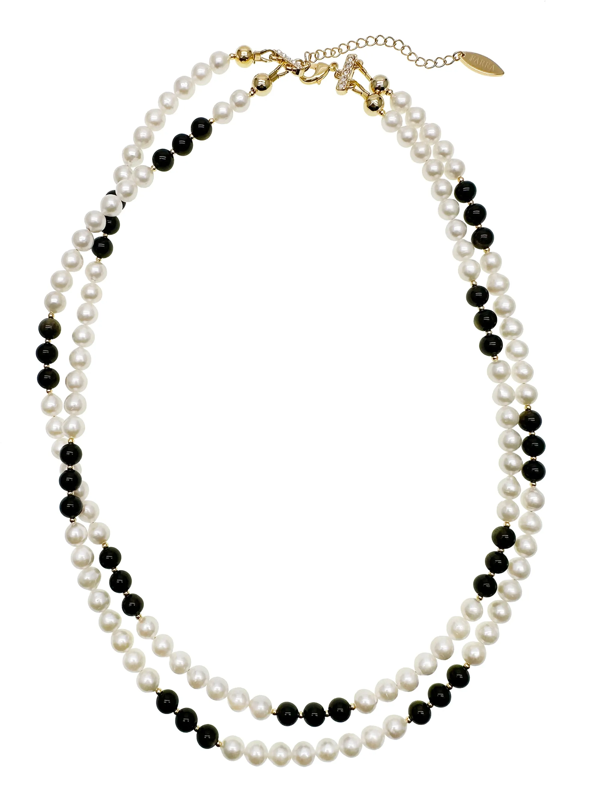 Freshwater Pearls with Black Obsidian Double Layers Necklace KN055