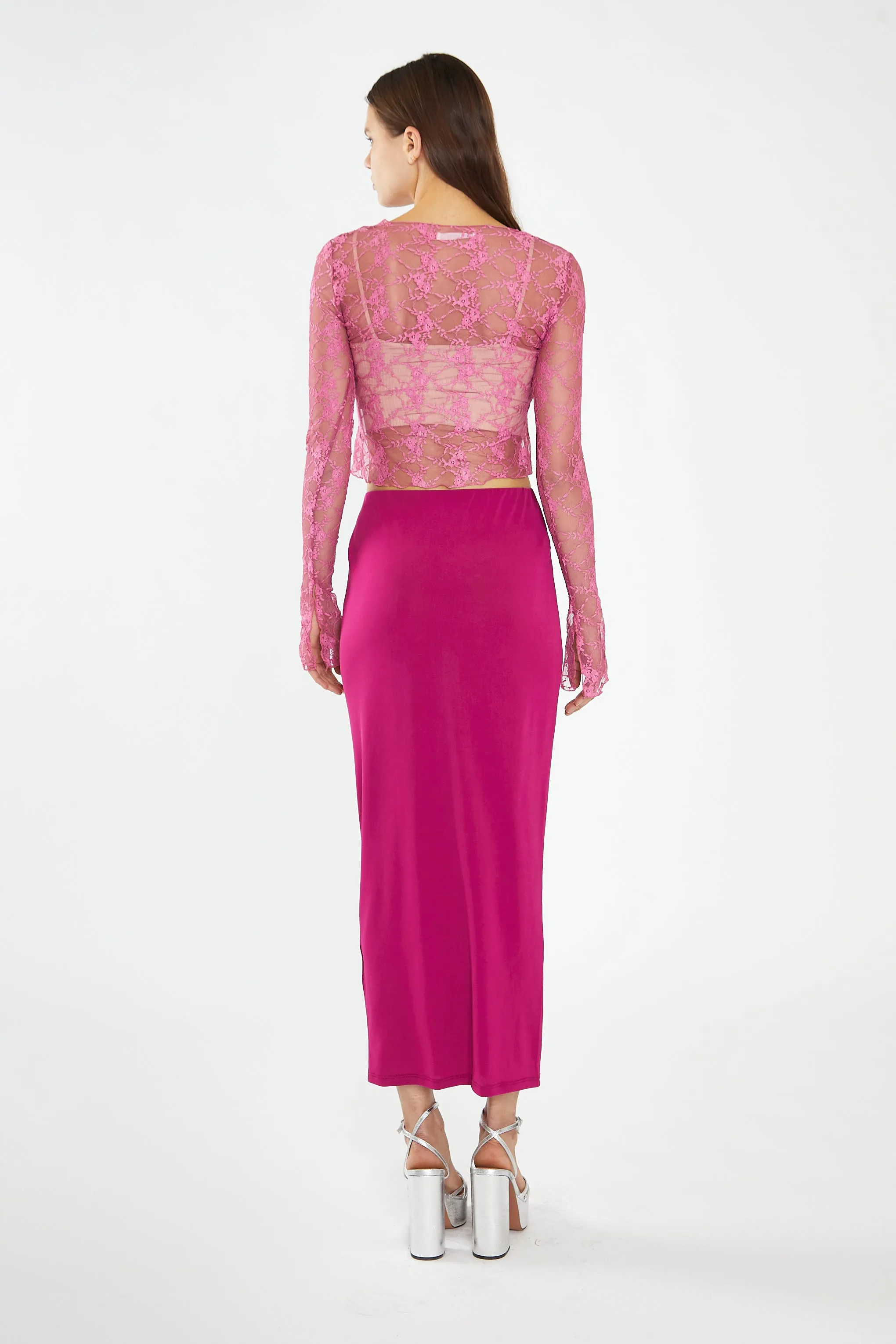 Fuchsia Lace Tie-Front Flare-Sleeve Top