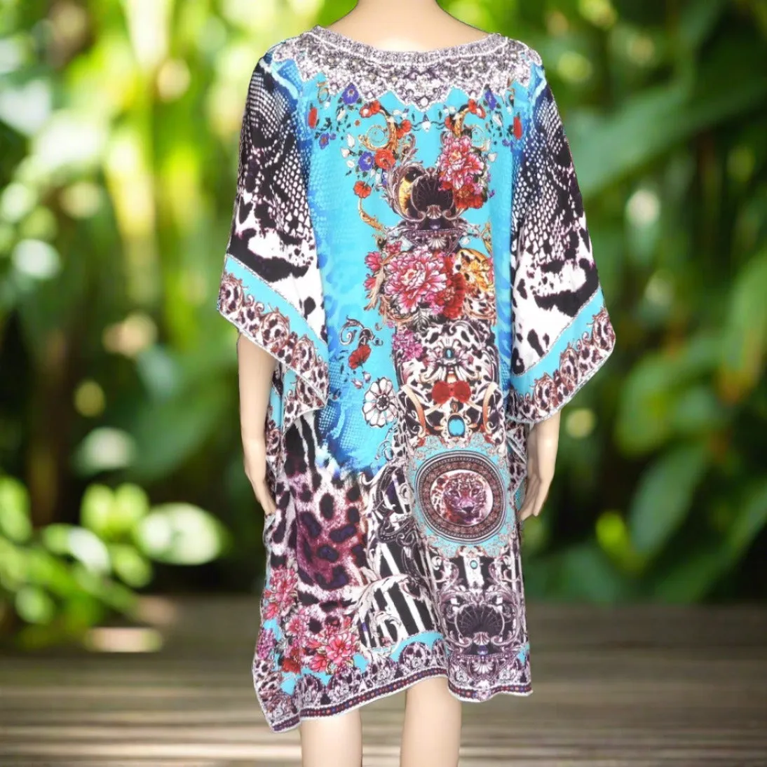 Garden Delight (blue) Short silk cold shoulder embellished Kaftan