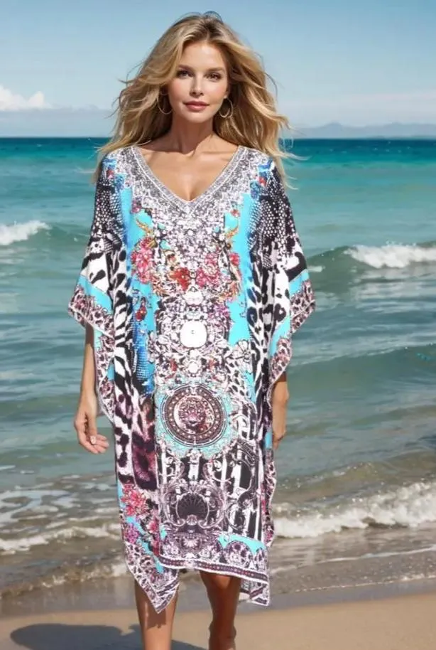 Garden Delight (blue) Short silk cold shoulder embellished Kaftan