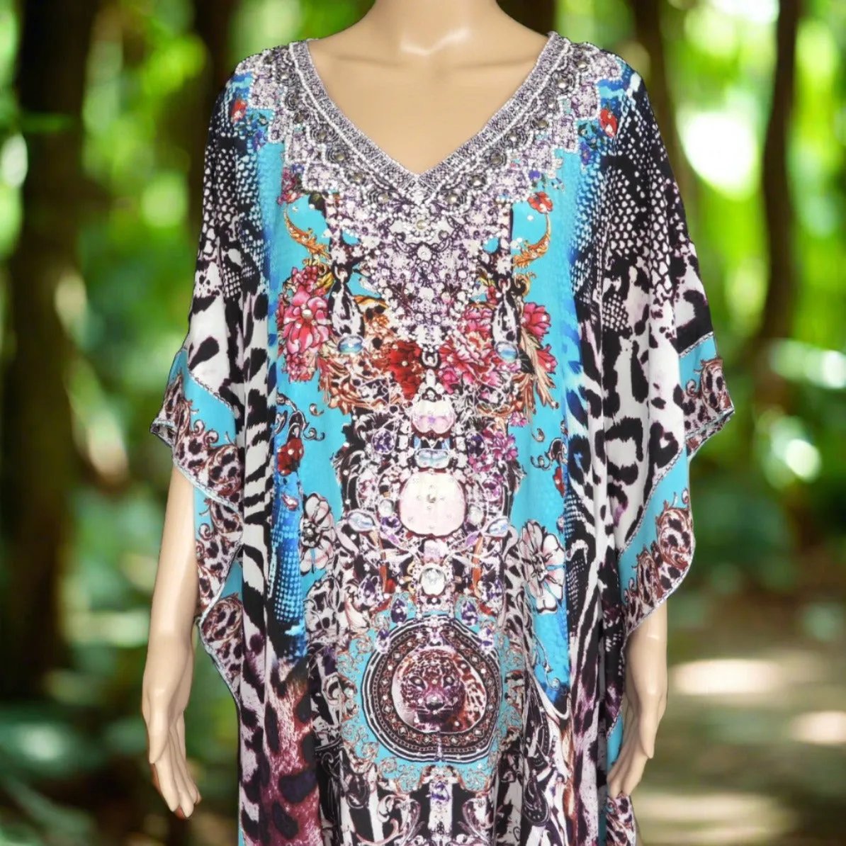 Garden Delight (blue) Short silk cold shoulder embellished Kaftan