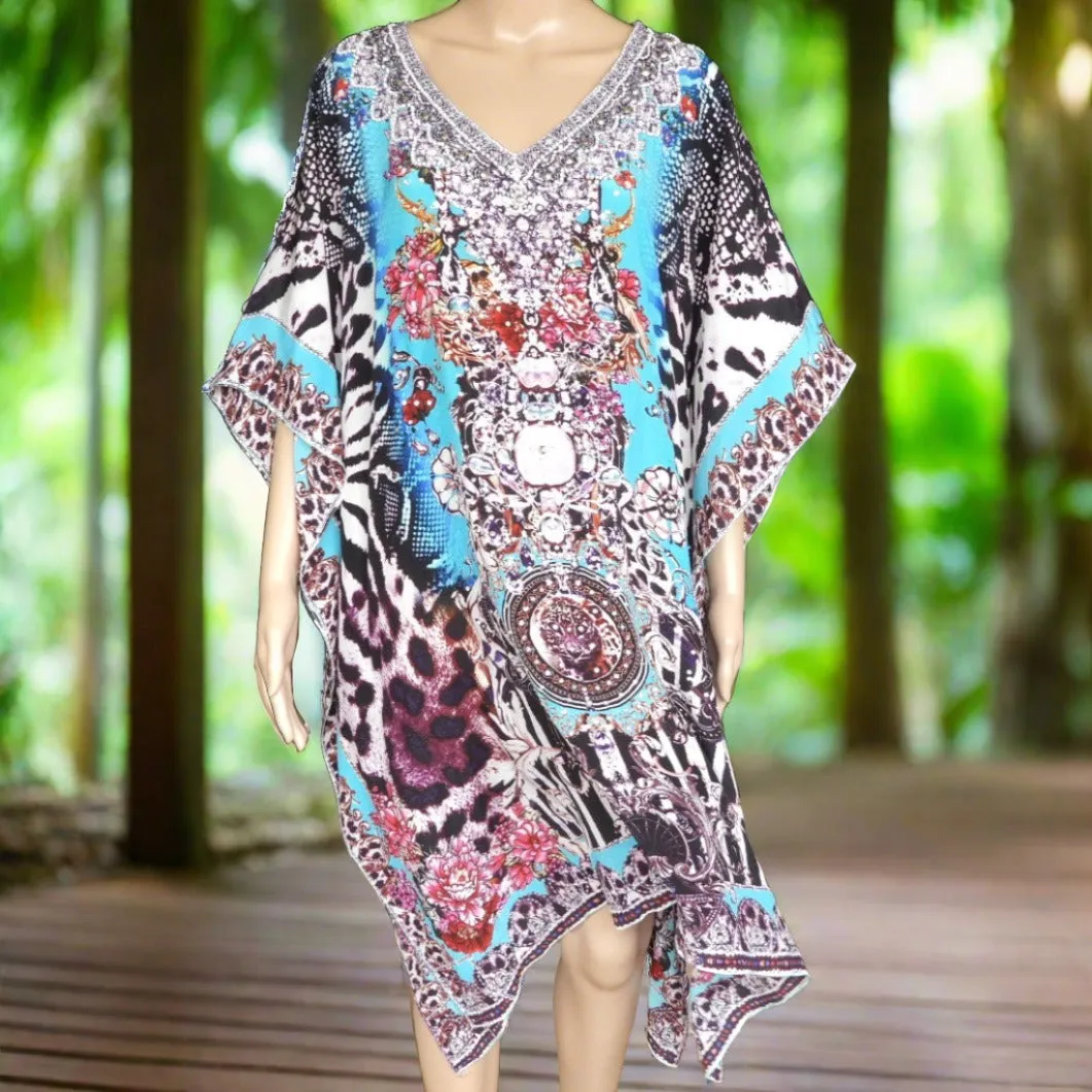 Garden Delight (blue) Short silk cold shoulder embellished Kaftan