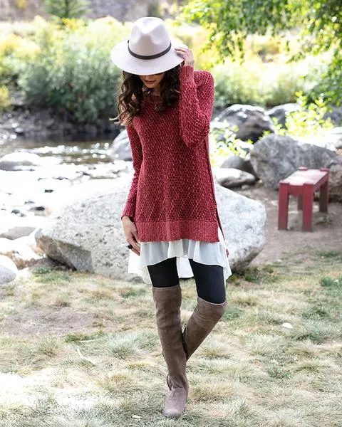 Grace & Lace Honeycomb Knit Sweater (Earth Red)