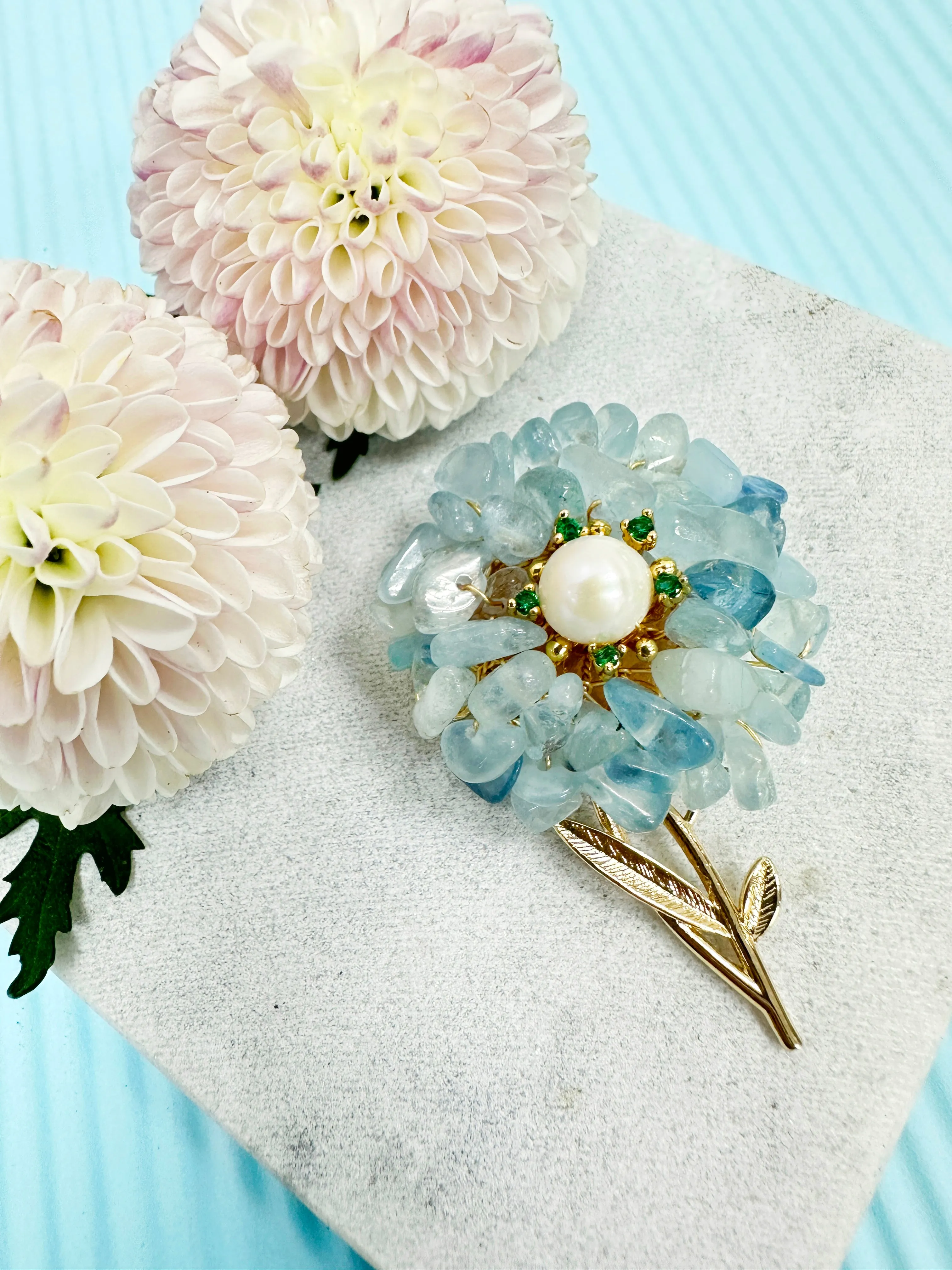 Handcrafted Flower Shape Natural Aquamarine Brooch LP003