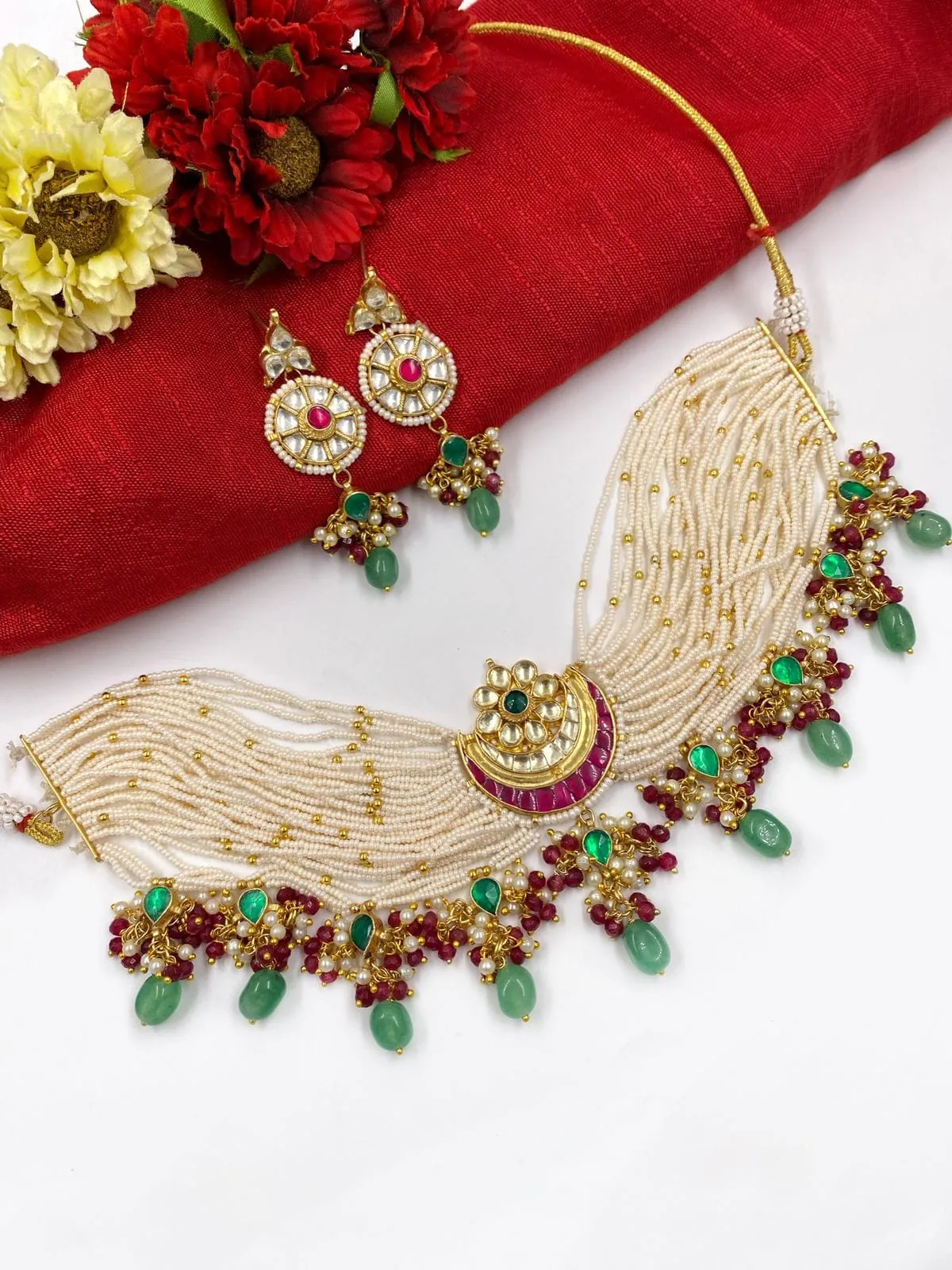 Handcrafted Jadau Kundan And Pearls Choker Necklace Set For Women By Gehna Shop