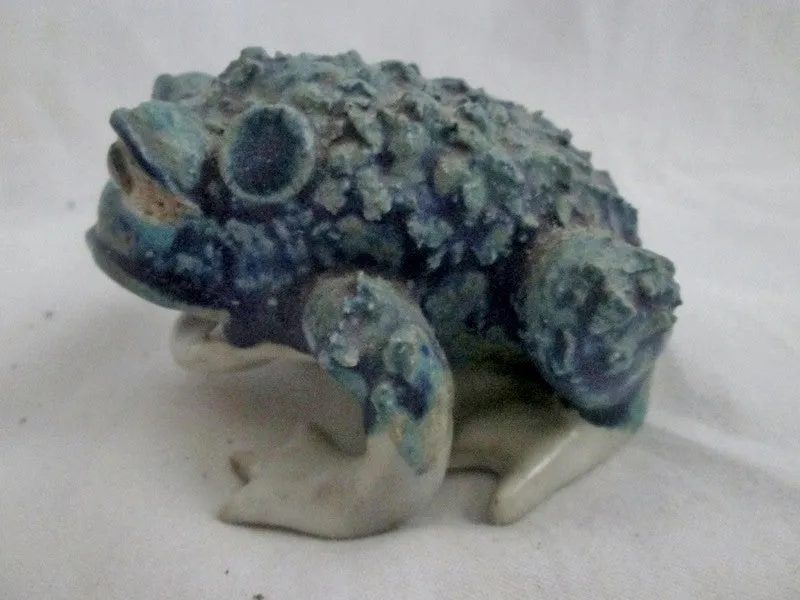 Handmade Mini 3.5" FROG TOAD Ceramic Figurine Porcelain Scuplture GREEN BLUE Cute