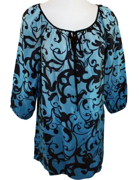 Karen Kane - Blue Mist,  Black Swirl Print, Balloon Sleeve, Tie Collar Tunic Top