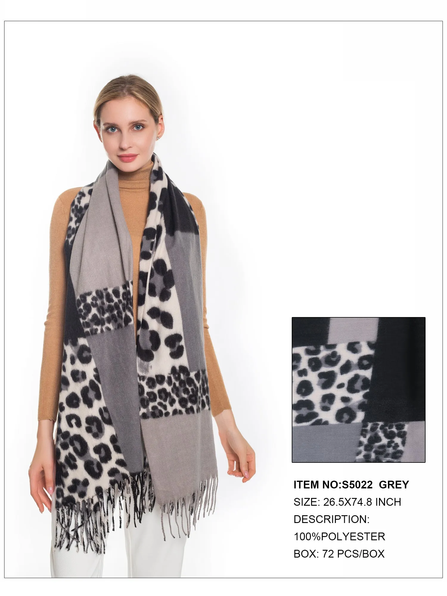 Leopard & Plaid Print Fringe Trim Scarf-Grey