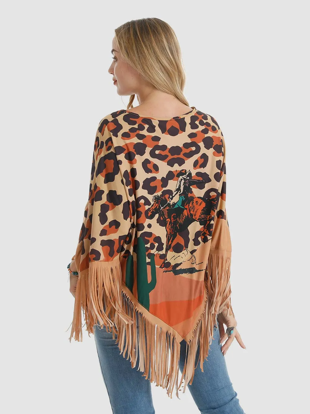 Montana West Leopard Rodeo Graphic Fringe Poncho