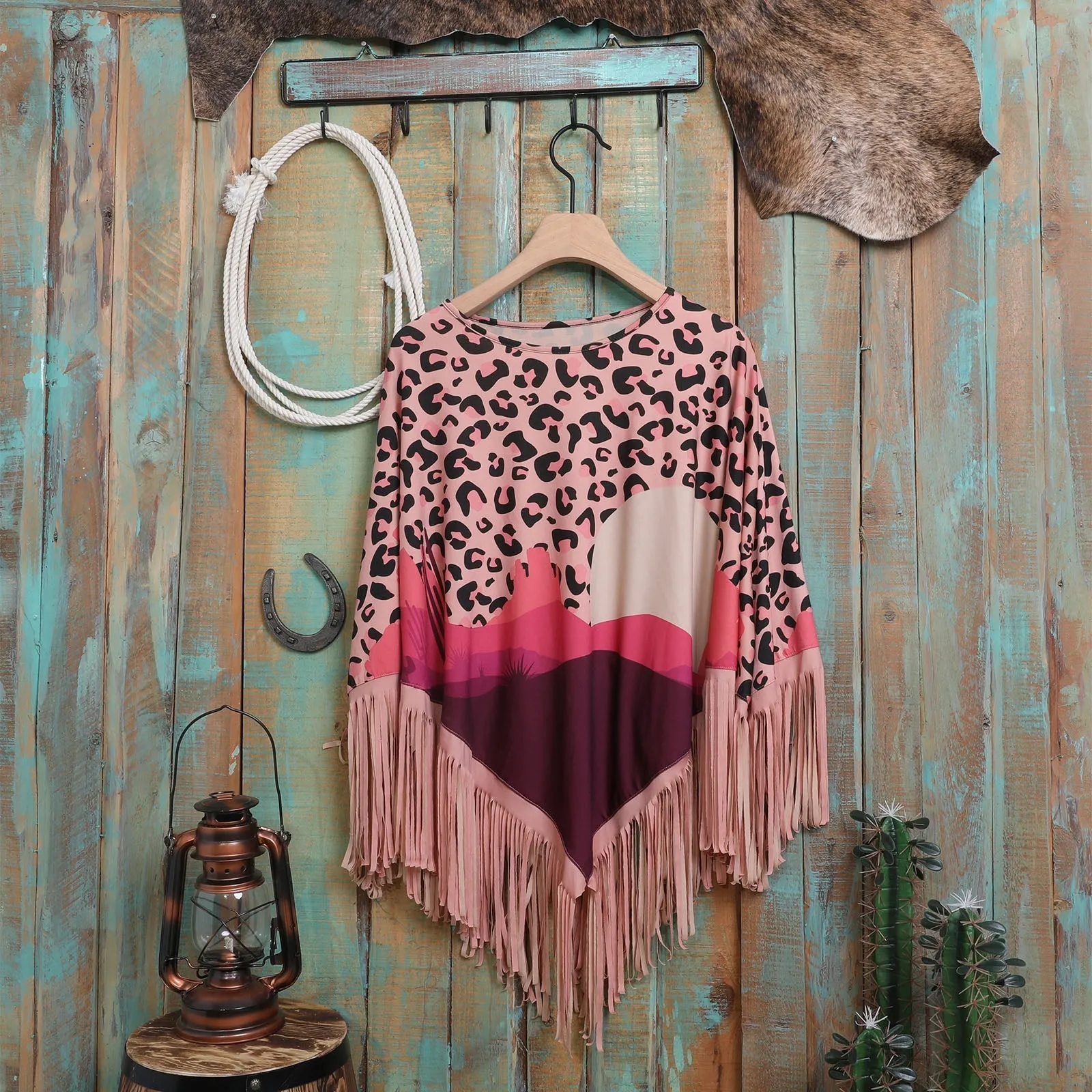 Montana West Pink Desert Sunset Print Fringe Poncho