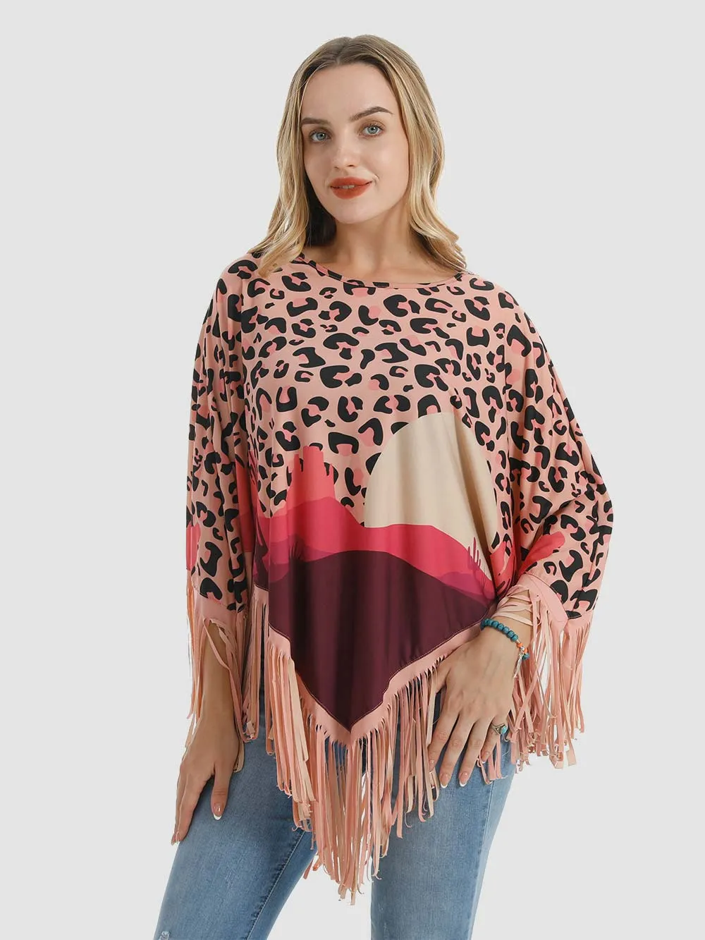 Montana West Pink Desert Sunset Print Fringe Poncho