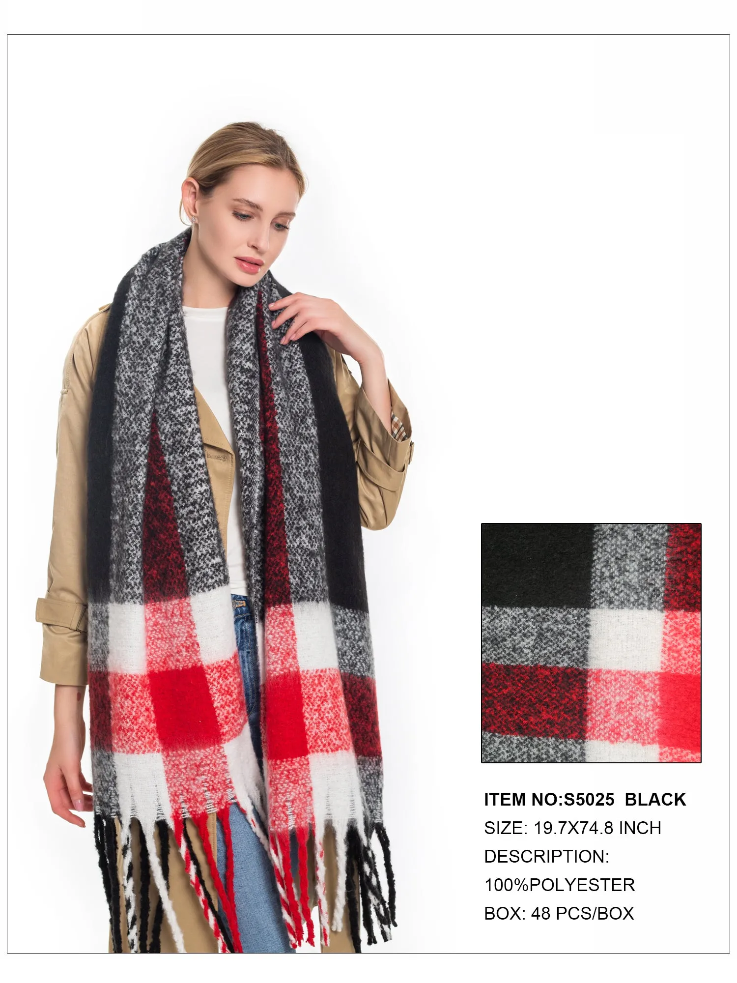 Plaid Print Fringe Trim Scarf-Black