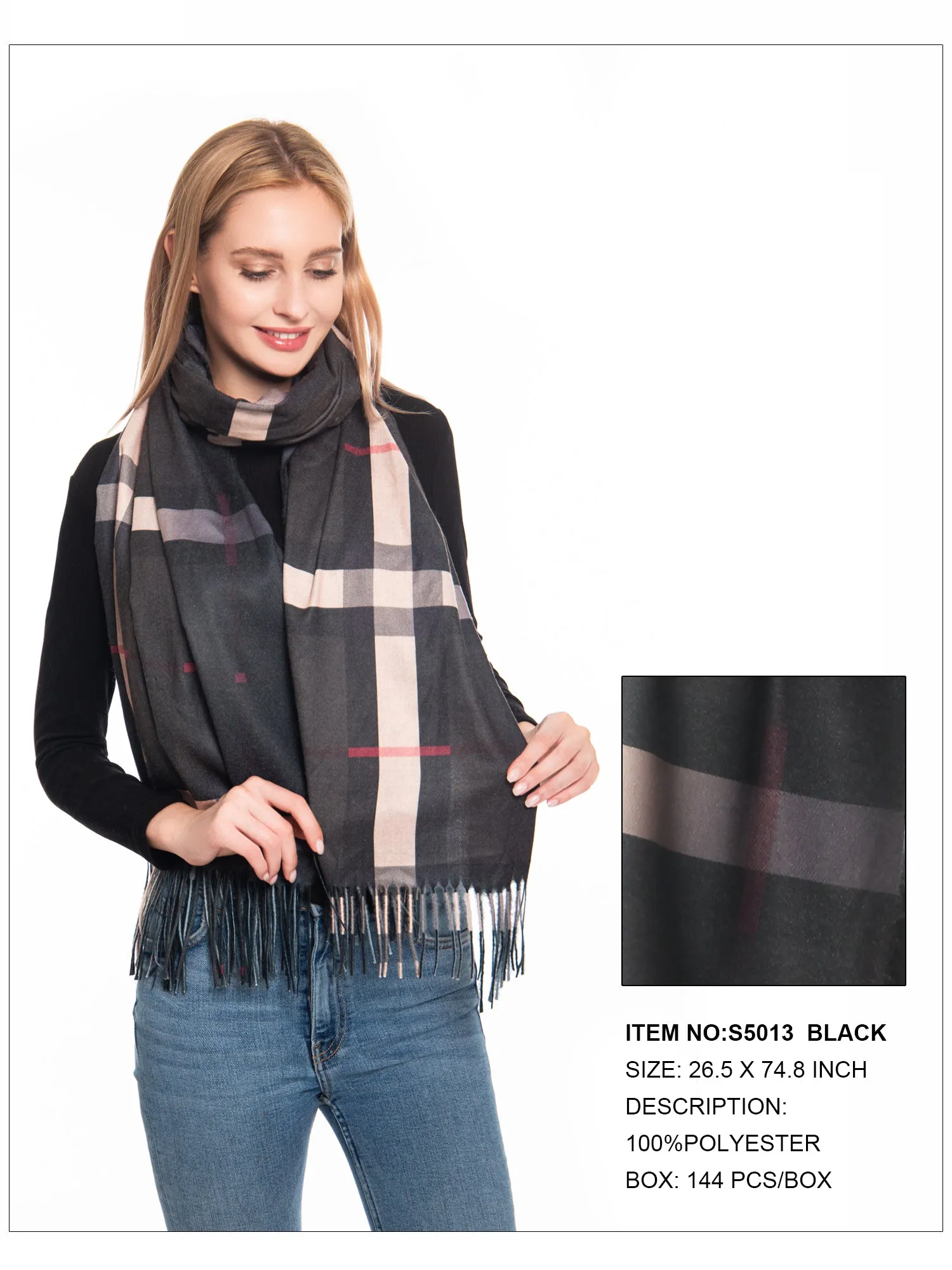 Plaid Print Fringe Trim Scarf-Black