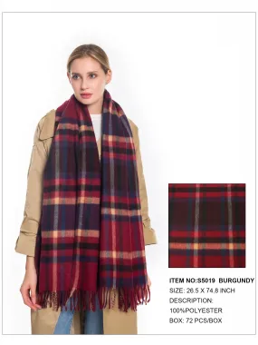 Plaid Print Fringe Trim Scarf-Burgundy