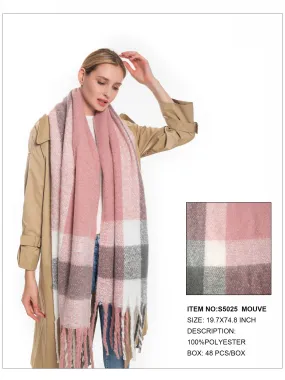 Plaid Print Fringe Trim Scarf-Mouve