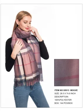 Plaid Print Fringe Trim Scarf-Mouve