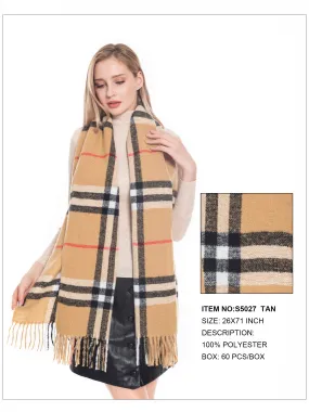 Plaid Print Fringe Trim Scarf-Tan