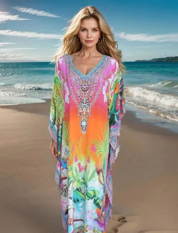 Resort Long Silk Embellished Kaftan