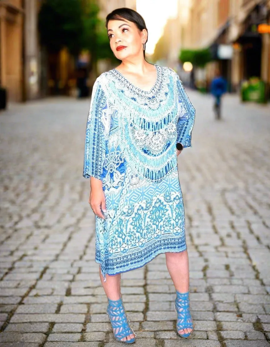 Shades of Blue Silk Hand beaded Tunic Dress by Fashion Spectrum