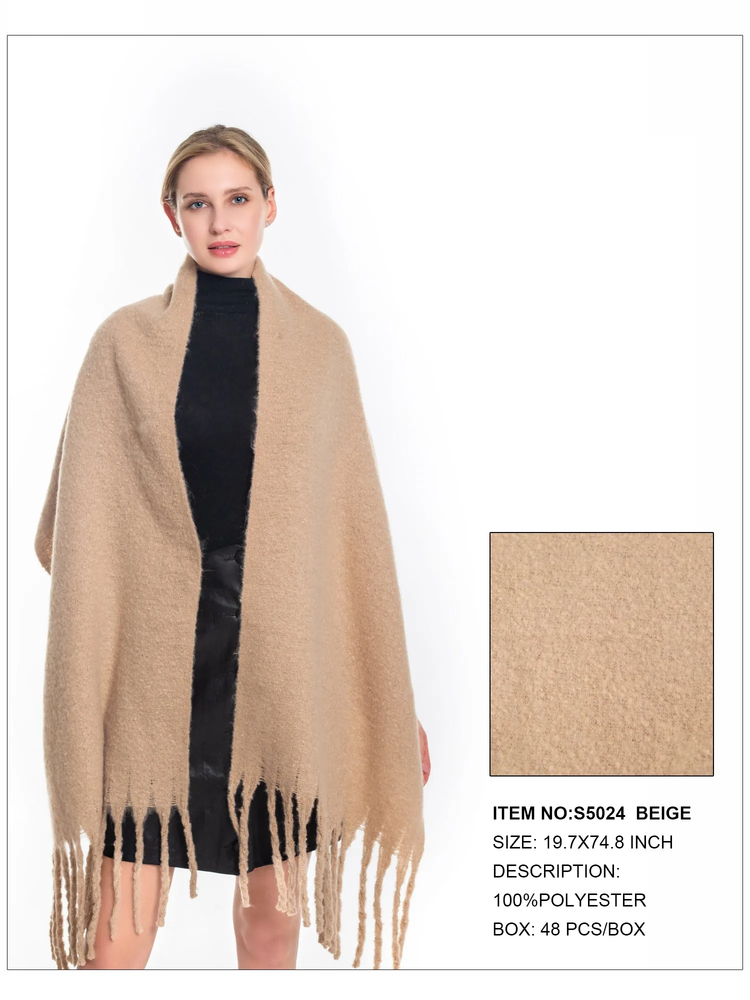 Solid Color Fringe Trim Scarf-Beige