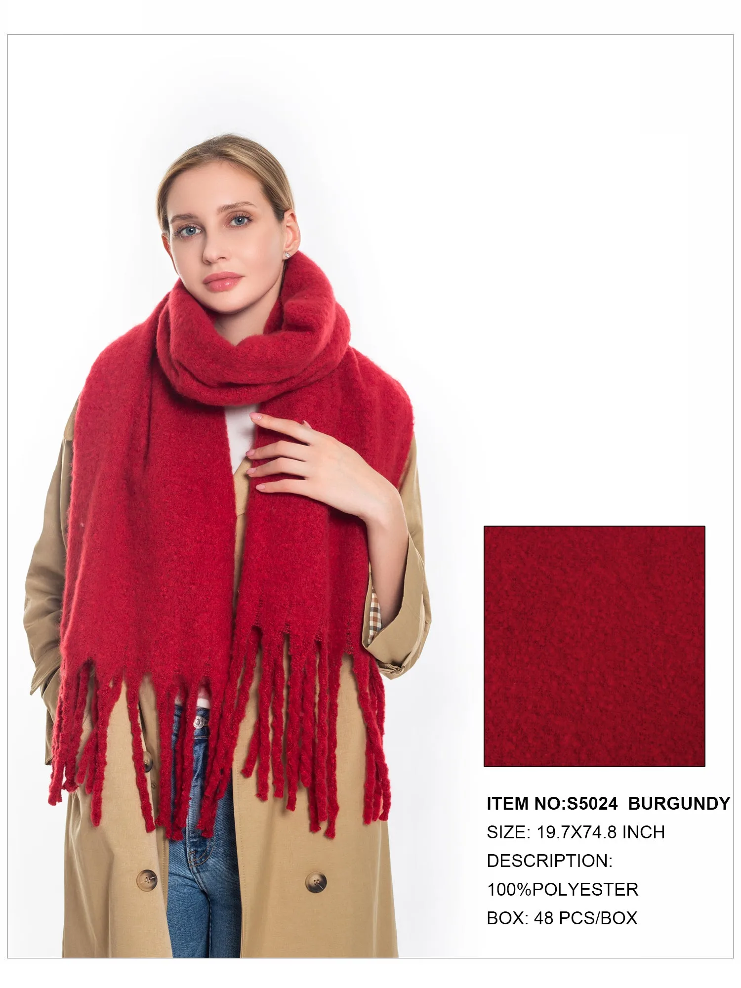 Solid Color Fringe Trim Scarf-Burgundy