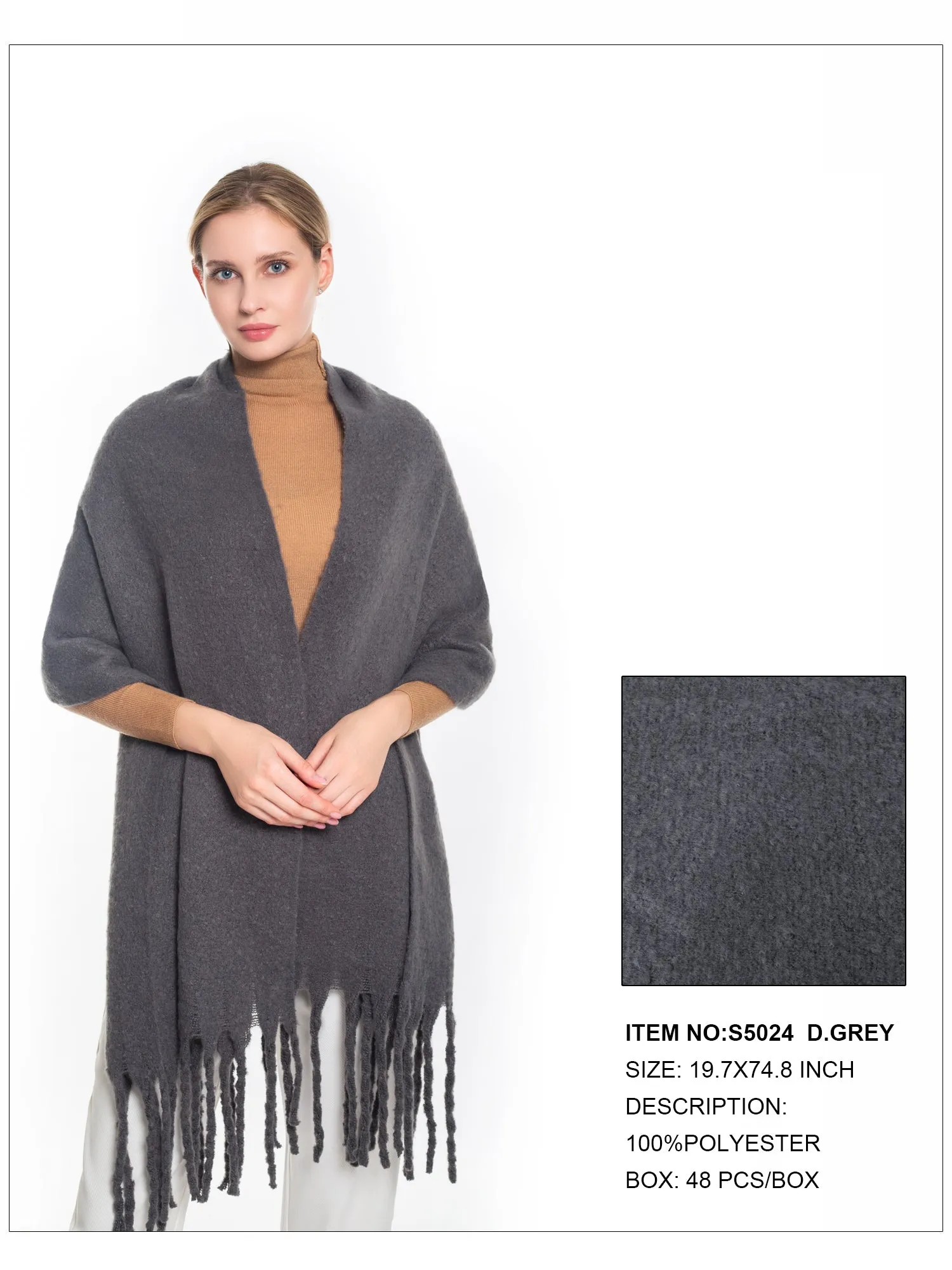 Solid Color Fringe Trim Scarf-Dk.Grey