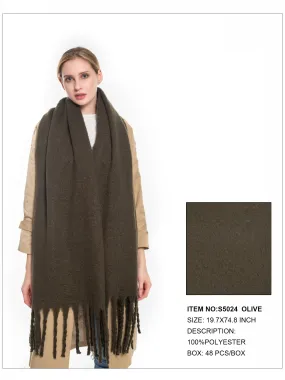 Solid Color Fringe Trim Scarf-Olive