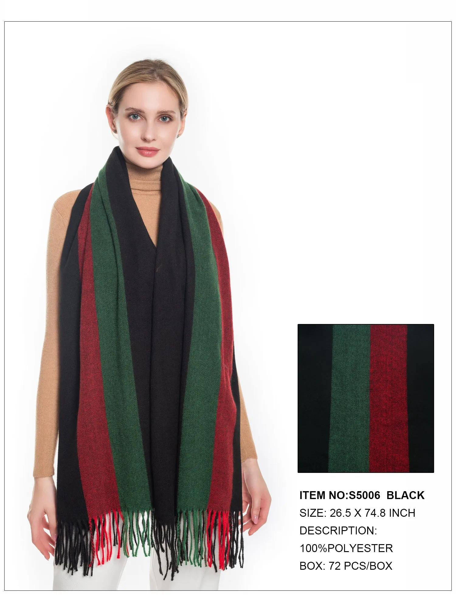 Strip Print Fringe Trim Scarf-Black