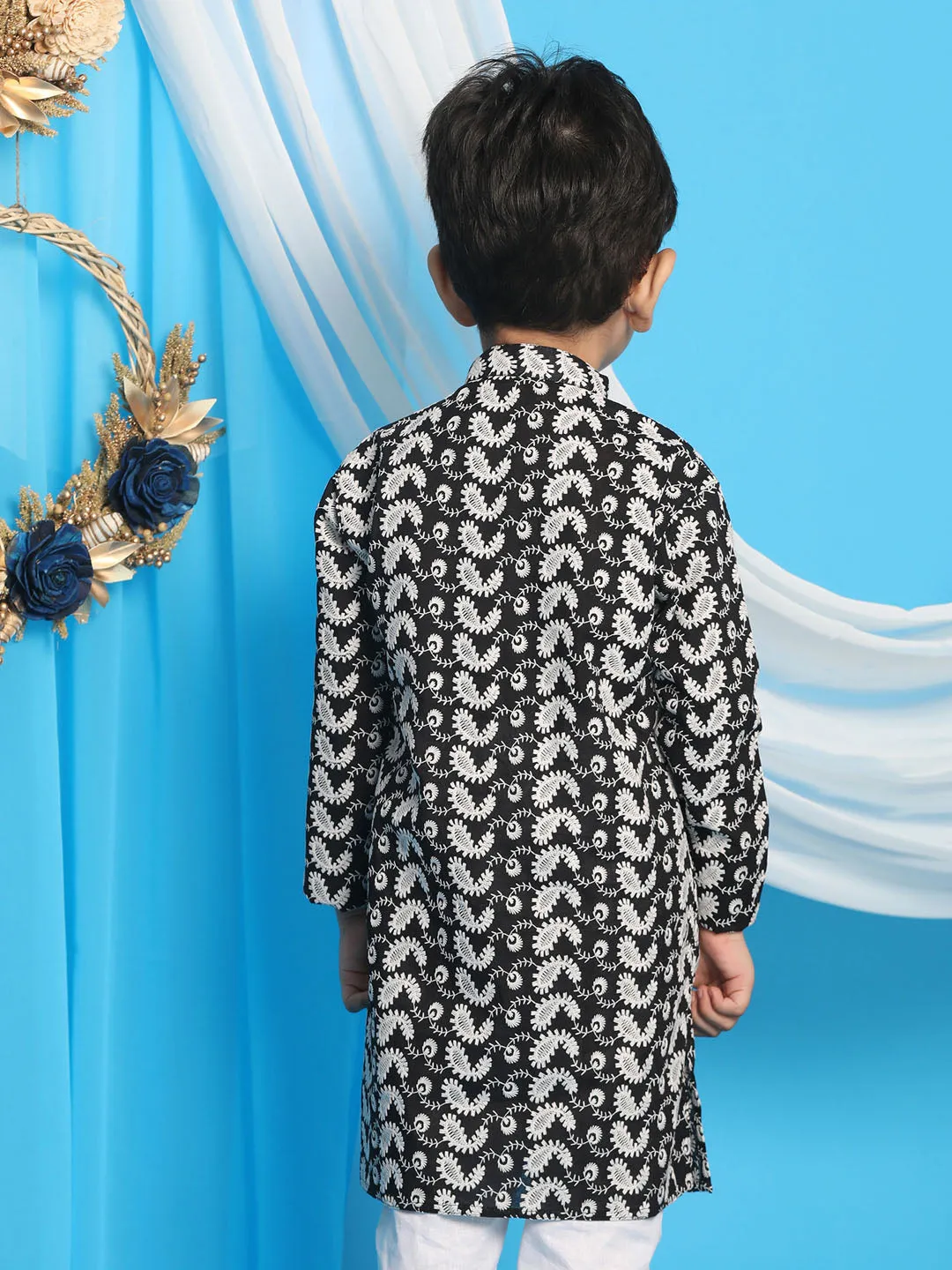 VASTRAMAY Black Pure Cotton Chikankari Kurta Baap Beta Set