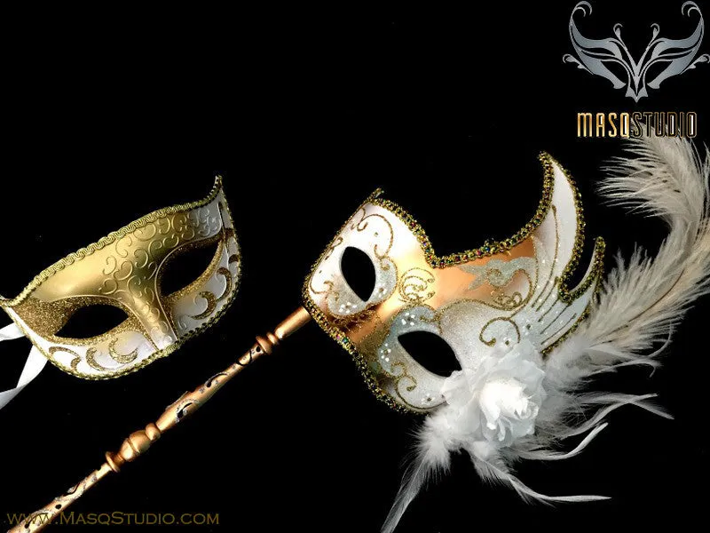 Venetian Couple Feather Masquerade Stick Mask Set White Gold